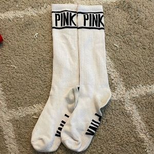 Pink Victoria’s Secret white tube socks calf socks logo